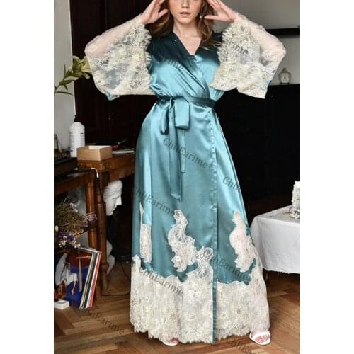 Elegant Blue Ladies Night Robe Lace Applique V Neck Lingerie Custom Made Bridal Sleepgowns Cheap Sleepwear Party Pajama