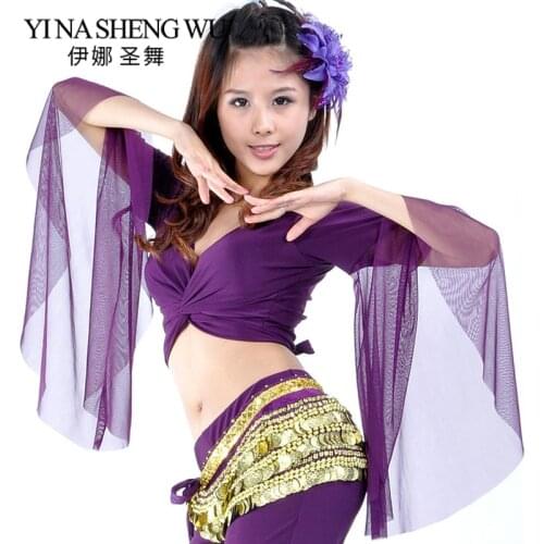 New Butterfly Sleeve Dance Top Belly Dance Practice Costume Top For Adult Sexy Net Yarn BellyDance Costume Free Size 12 Colors
