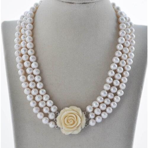 Z10333 3Row 19" 9mm Round White Freshwater Pearl Necklace Flower