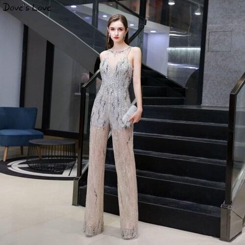 Champagne Gray Lace Beading Crystal Dinner Party Dresses 2020 Backless Jumpsuit Formal Sleeveless Pants Suit Evening Dress Pants