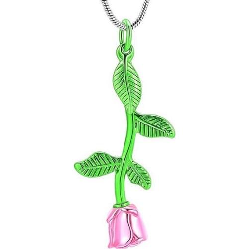 LKJ002 Green Leaf Pink Flower Memorial Urn Necklace Stainless Cremation Jewelry Pendant for Loved Ones Ashes Keepsake