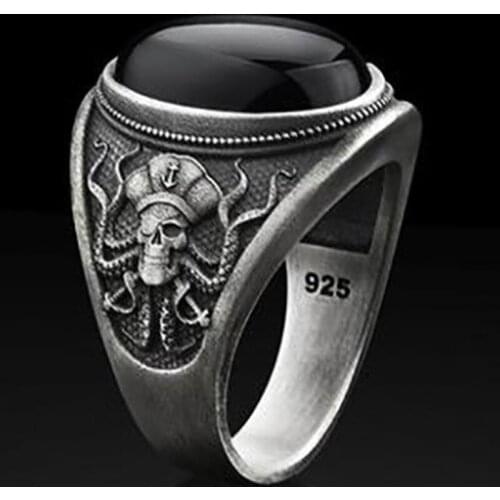 Vintage Silver Color Engraved Octopus Statement Mens Ring Punk Black Zircon Stone Rings for Male Boho Jewelry Anniversary Gift