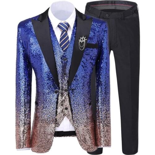 Royal Blue Mens Suit Gradually Changing Color Sequin Blazer Peak Notch Lapel Tuxedo For Wedding Party Groom (Blazer+Vest+pants)