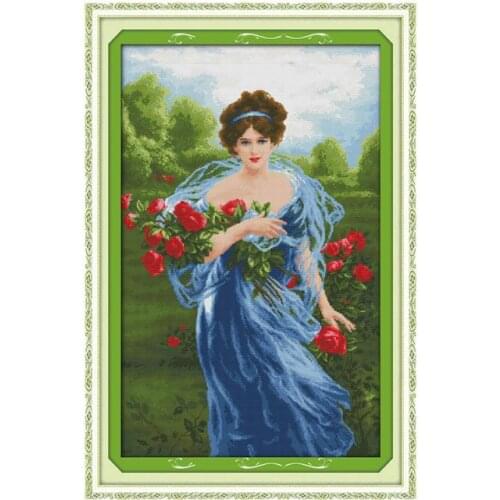 Invincible beauty girl on green grass picking flowers beautiful handmade embroidery cross stitch kit charm red rose painting