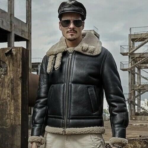 New Men Leather Jacket Sheepskin Coat Autumn Winter Fashion Warm Shearling Fur Outwear Thick Cashmere Casual Motorcycle Overcoat