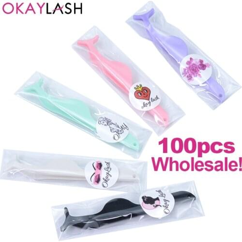 OKAYLASH 30/50/100pcs custom Logo private label plastic eyelash applicator lash tweezers clip for wholesale bulk order