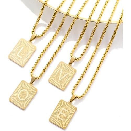Stainless Steel Initial Necklace For Women Gold Chain Choker Geometric Rectangle Pendant Letter Charms Best Friends Birthday