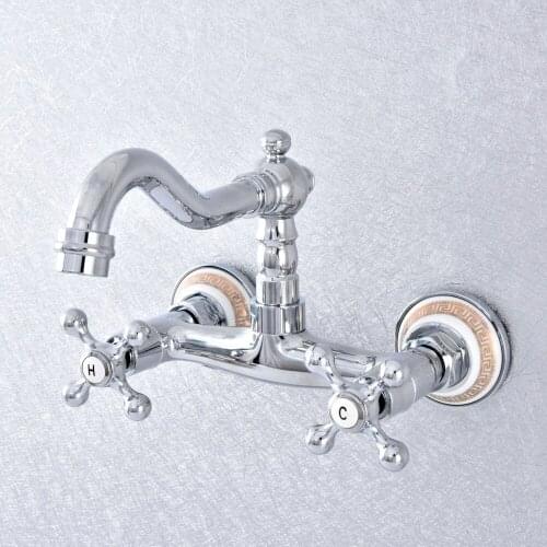 Polished Chrome Bathroom Basin Faucet Wall Mounted Double Handle Swivel Spout Hot and Cold Mixer Faucet Nsf780