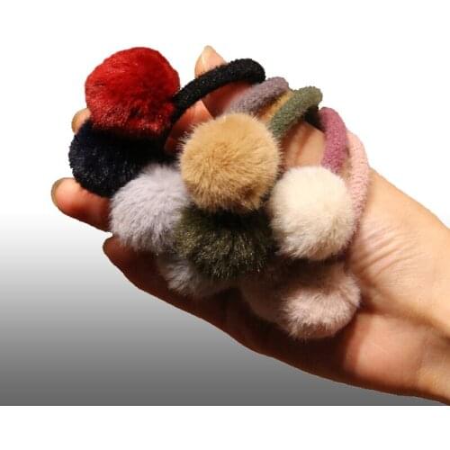 Girls Cute Double Fluffy Ball Pom Pom Hair Tie Bands Kids Faux Fur Ball Pompom Elastic Hair Holder Clips Lined Alligator HT098