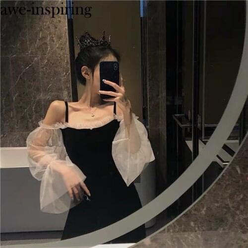 Awe-inspiring Korean Vintage dress off shoulder Patchwork Slash Neck Straps Mesh Party slim long sleeve mid length Chic Dress