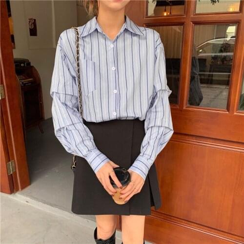 Spring blue striped retro shirt female design sense niche simple fashion top long sleeve shirt