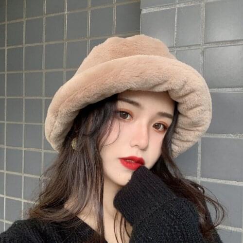H7746 Women Fisherman Hat Female Warm Autumn Winter Plush Bucket Cap Japanese Cute Solid Color Korean Simple Casual Student Hats