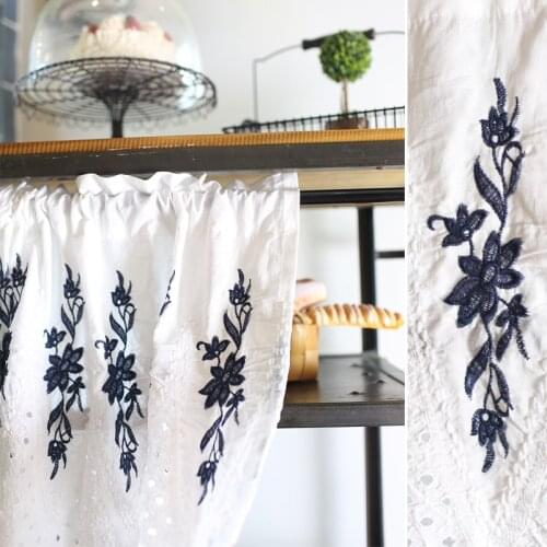Rod Pocket White Cotton Curtains with Emboriedered Dark Blue Floral for Kitchen Door Simple Nordic Short Pelmet Window Drapes