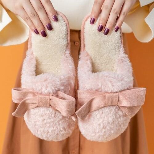 Cute Bow Fur Slippers For Women Winter New Warm Flock Plush Bedroom Ladies Flat Shoes House Couples Furry Slippers