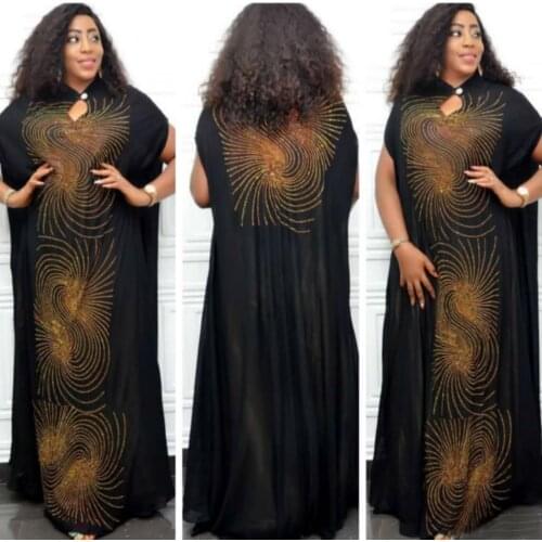 HOUSEOFSD Stylish African Women Chiffon Hot Drilling Long Maxi Dresses Fashion Stand Collar Short Sleeve Casual Dress With Inner