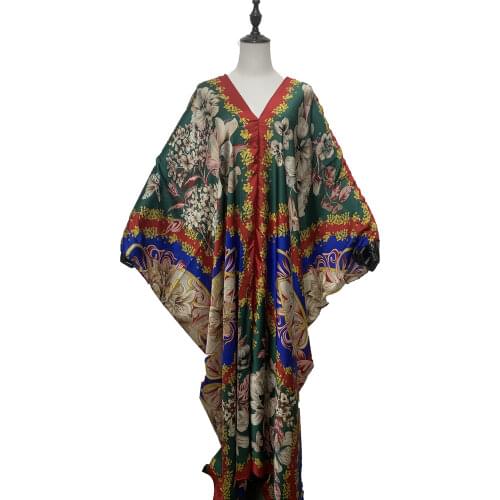 Vintage Floral 2021 Kuwait Fashion Summer Batwing Sleeve Silk Boho Clothing Oversize Sexy V-neck Sexy lady Beach Kaftan dress