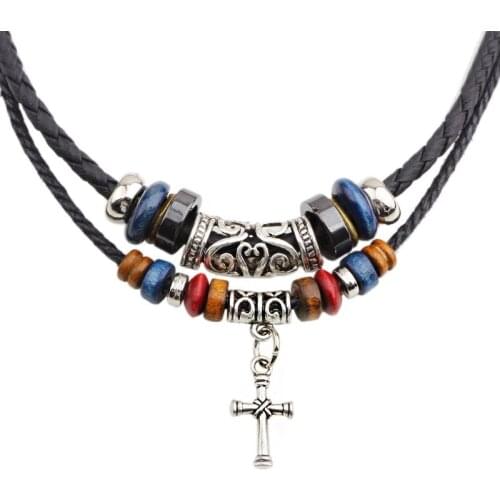 Vintage Necklace Double Joint Beaded Cross Necklace Leather Rope Woven Mens Necklace Ornament