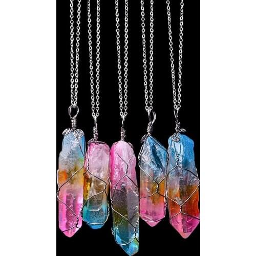 Vintage Unique Natural Rainbow Stone Crystal Pendants Necklace for Women Handmade Copper Wire Wrapped Personality Men Jewelry