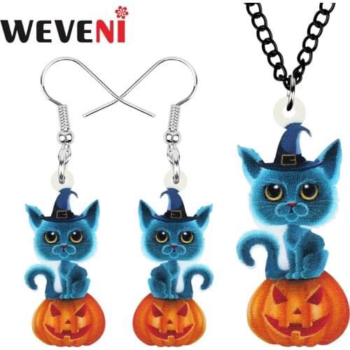 WEVENI Acrylic Halloween Pumpkin Lantern Cat Jewelry Sets Lovely Animal Earrings Necklace For Women Girls Novelty Gift Accessory