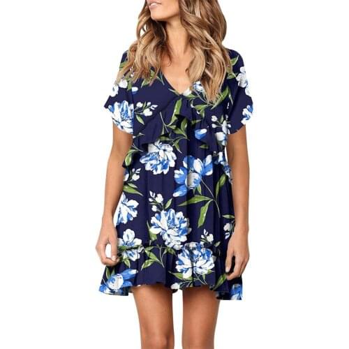 Short-sleeved V-neck Skirt Printed Sexy Ultra-light Ladies A-line Ruffle Swing Knee-length Dress For Beach Home Wear Party