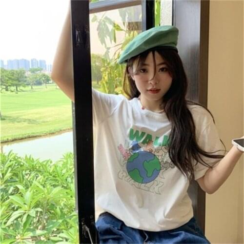 2021 summer new High Quality Trend Version Of The Earth Bear Print Round Neck Slim Slimming White Blue Short-sleeve T-shirt