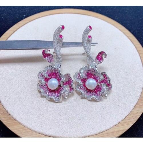 Long flower earring 925 sterling silver with fresh water pearl and cubic zircon fine women jewelry high quality free shipping