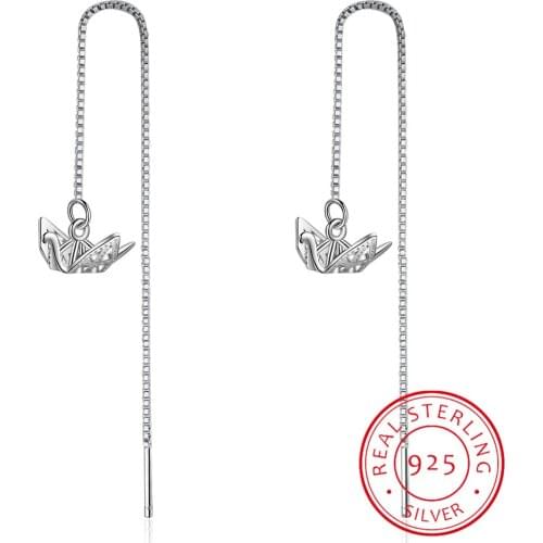 Simple Paper Crane Long Ear Chain 925 Sterling Silver Earrings For Women Gift pendientes Boucle d'oreille S-E928