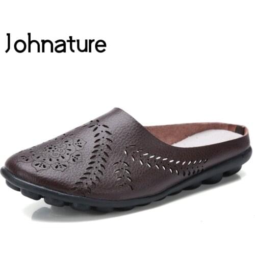 Johnature 2020 New Summer Genuine Leather Hollow Solid Round Toe Breathable Casual Outside Women Beach Slippers Sandals Slides