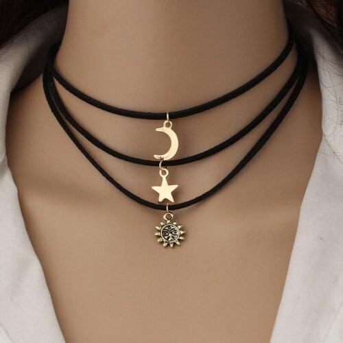 Womens 3 Pcs/Set New Fashion Moon Star Sun Pendant Choker Necklace for Women Alloy Flannelette Necklace Sets Jewelry Gift
