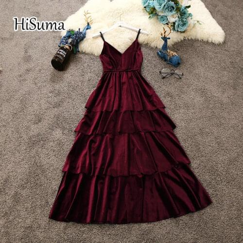2020 winter new women velvet sling V collar sleeveless layer fairy tiered dress female strap vintage elegant fringed dresses