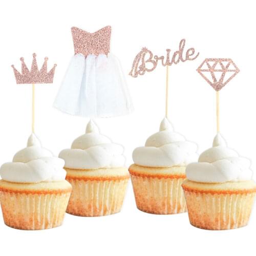 12pcs Rose Gold Bride Diamond Ring Wedding Dress Crown Cupcake Toppers for Engagement Bridal Shower Bachelorette Hen Party Decor