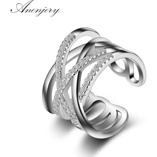 ANENJERY 925 Sterling Silver Korean Style Opening Rings Multi-layer Line Cross Mosaic Zircon Rings For Women Jewelry S-R243