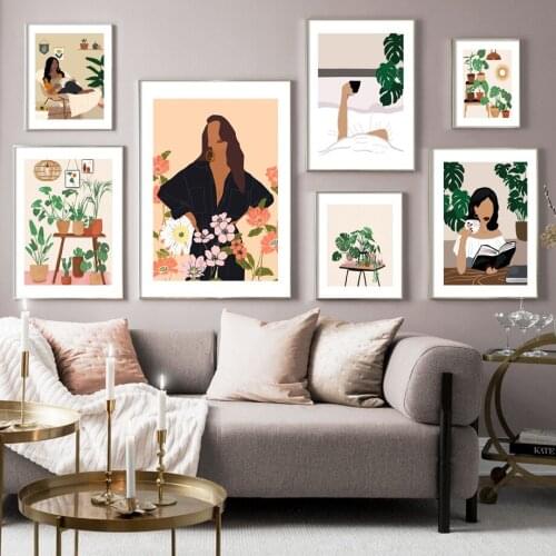 Bohemian Abstract Indian African Girl Monstera Flower Wall Art Canvas Painting Posters And Prints Living Room Nordic Style Decor