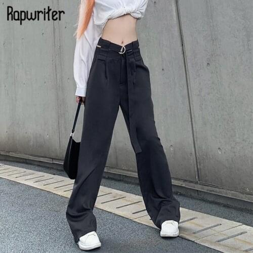 Rapwriter Streetwear Loose Gray Straight Y2k Pant Women Hot Spring High Waist Pants Trousers Long Pant Buttons Capris Streetwear