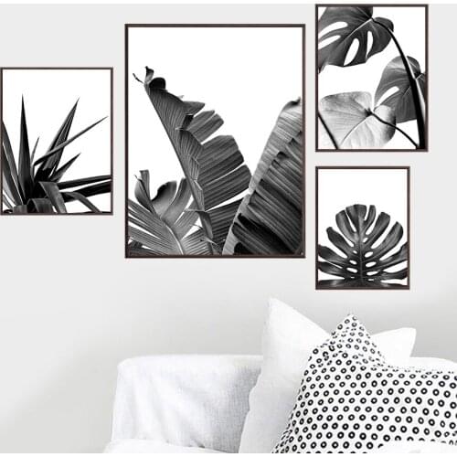 Black White Monstera Sisal Banana Leaf Wall Art Canvas Painting Nordic Posters And Prints Wall Pictures For Living Room Decor