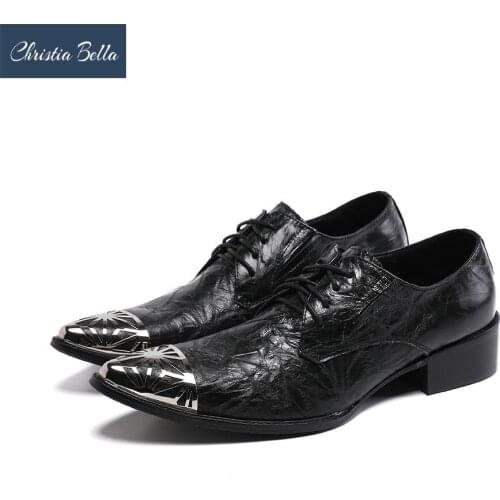 Christia Bella Fashion Genuine Leather Business Men Oxford Shoes Metal Pointed Toe Party Dress Shoes Lace Up Formal Brogue Shoes