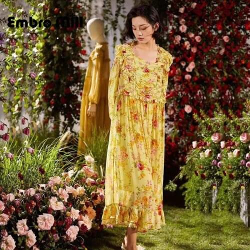 Blooming Flowers Like A Brocade And Spring Is Full Of Pastoral Holiday Style Silk Floral Dress Long M-XL