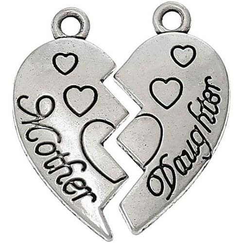 DoreenBeads Charm Pendants Heart Silver color "Mother Daughter"Carved Lead & Nickel Free 24mm x 11mm 24mm x 12mm,30Sets