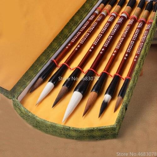7pcs/lot Chinese calligraphy brush pen set weasel hair/Woolen Hair writing brush medium regular script brush gift box set