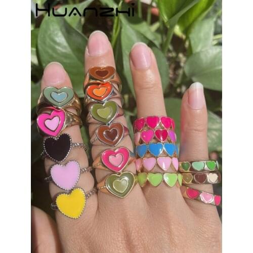 HUANZHI 2021 New Glaze Enamel Colorful Heart Color Contrast Retro Double Layer Metal Rings for Women Girls Couple Jewelry