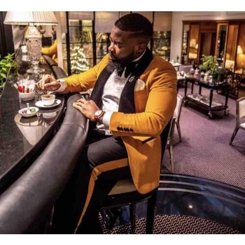 Handsome Yellow Velvet Groom Tuxedos Black Shawl Collar Mens Coat Man Working Suit Sets (Jacket+Pants+Bow Tie) W:502