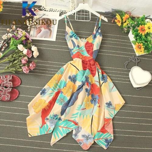 Summer Dress Women Backless Sexy Strap Dress Floral Print Sleeveless Asymmetry Fashion Vacation Beach Dress Female 2021 New