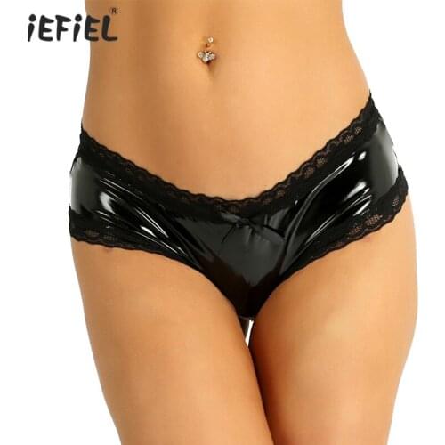 Hot Women Sexy Lingerie Crotchless Sissy Panties Briefs Low-Rise Wet Look Patent Leather Briefs Exotic Underwear Latex Panties