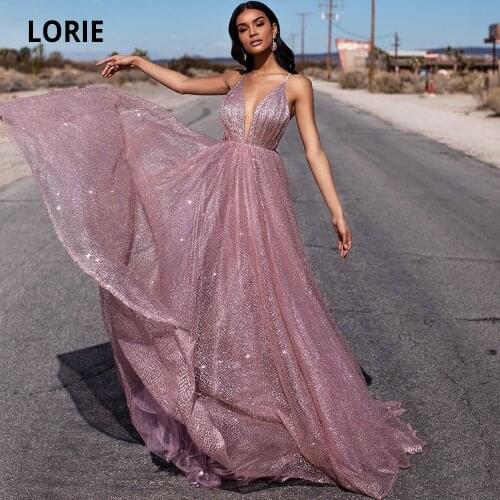 LORIE 2020 New Dusty Pink Shiny Prom Dresses Long Formal Evening Party Gowns Sleeveless Backless Sweep Train Princess Dresses