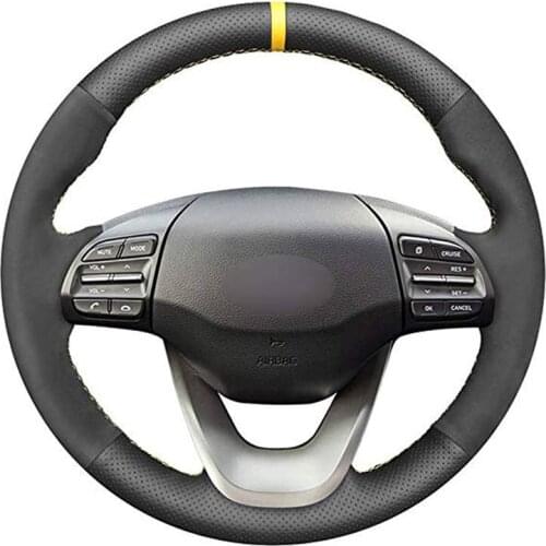 Hand-stitched Black Genuine Leather Suede Car Steering Wheel Cover for Hyundai Kona 2017 2018 2019 2020