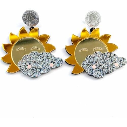 New Arrivals Celestial Mirror Gold Glitter Smile Face Sun and Moon Cloud Laser Cut Iridescent Acrylic Earrings For Women Jewelry