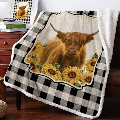 Country Style Highland Cow Sunflower Throw Blanket Soft Fleece Blankets Winter Blanket Portable Picnic Blankets Bedclothes