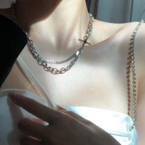 Origin Summer Hiphop Double-Layer Cross Chokers Necklace for Women Girls Silver Color Metallic Chunky Chain Necklace Jewelry
