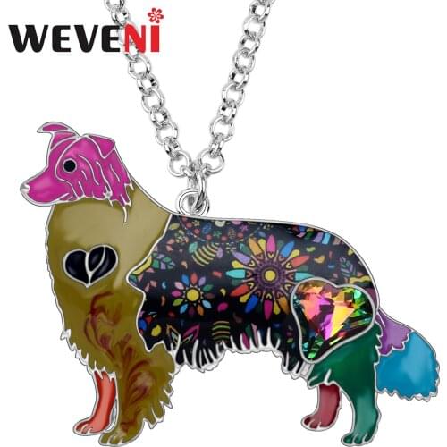 WEVENI Enamel Alloy Rhinestone Crystal Border Collie Dog Necklace Pendant Collar Fashion Animal Jewelry For Women Girls Gift New