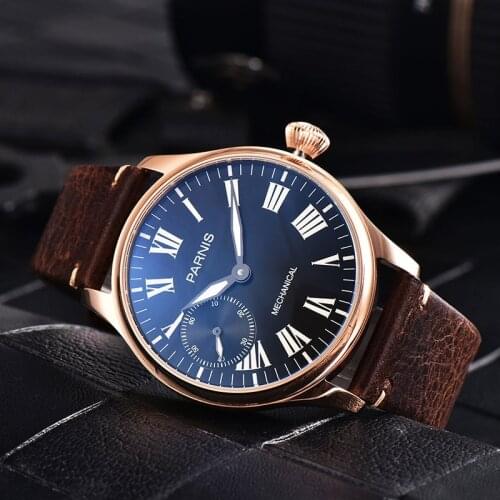 Parnis 44mm Black Case Mens Watches Top Luxury Brand Hand Winding Mechanical Watches 17 Jewels Mens Wrist Watch Man Clock